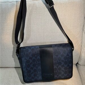Coach Messenger Bag. Black and blue monogrammed coated canvas